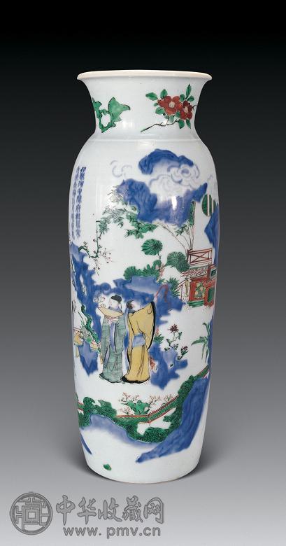 清顺治 青花五彩西厢记人物故事筒瓶