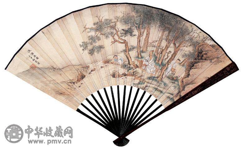 赵松云 1932年作 流偃坐图 成扇 设色纸本