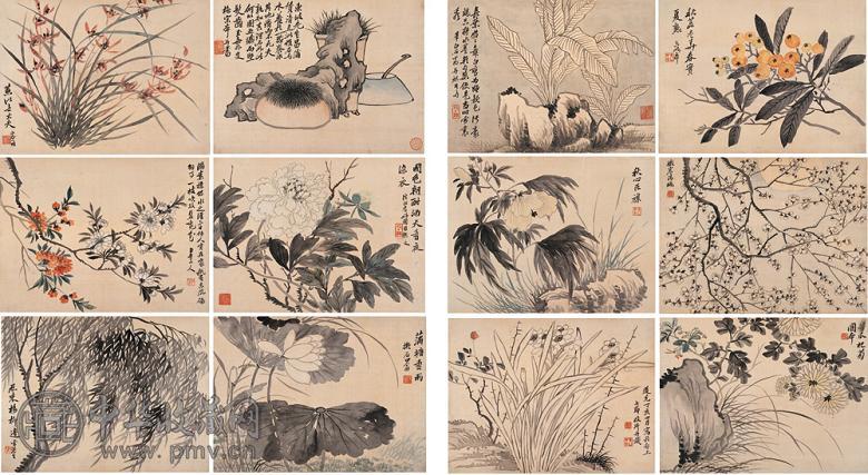 改琦 道光丁亥(1827年)作 花卉册 册页(12开) 水墨、设色绢本