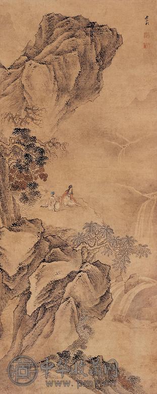 贾淞 听瀑图 立轴 设色纸本