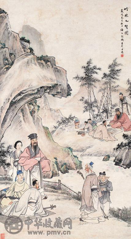 谢翔 竹林七贤图 立轴 设色纸本