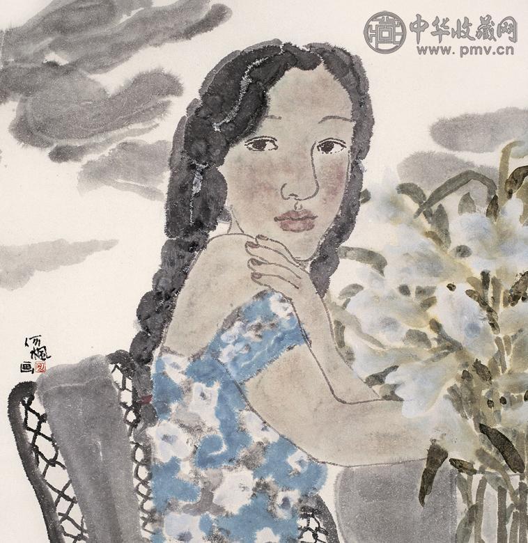 何枫 花与少女(之三) 镜心 设色纸本