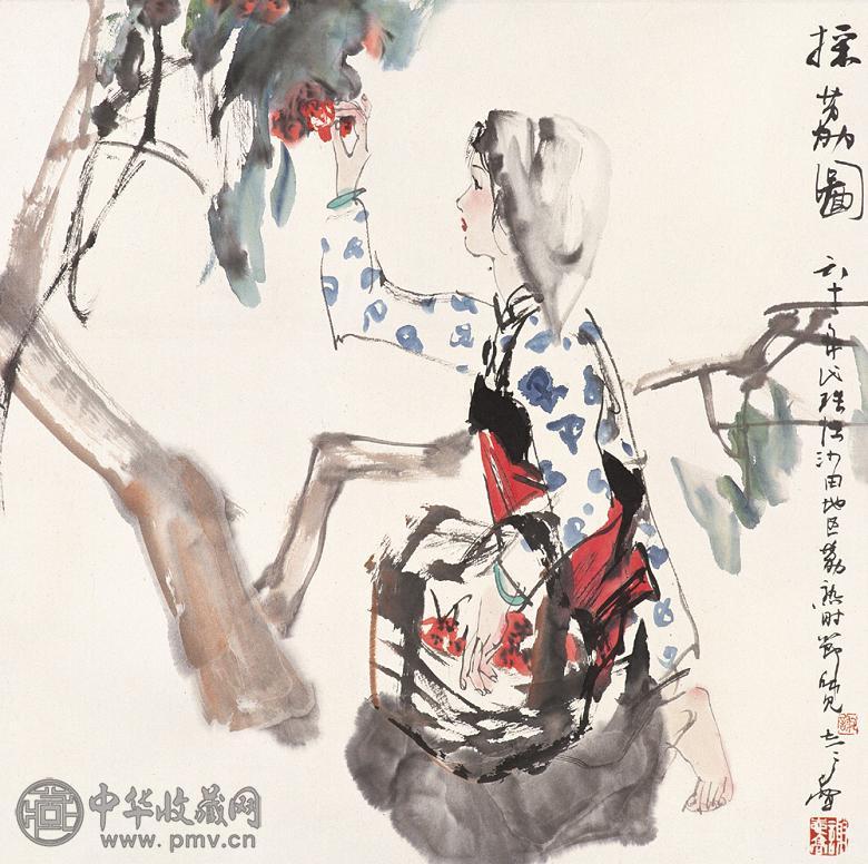 谢志高 采荔图 立轴 设色纸本