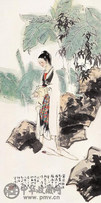 谢志高 戊寅(1998年)作 蕉荫仕女 立轴 设色纸本