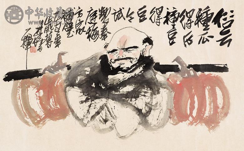 林墉 乙丑(1985年)作 种瓜图 横幅 设色纸本