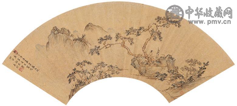 吴修 庚寅(1650年)作 松石岩泉图 扇面 设色金笺