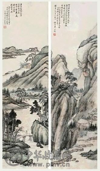 伍德彝 辛亥(1911)年作 山水四屏 镜框 设色纸本