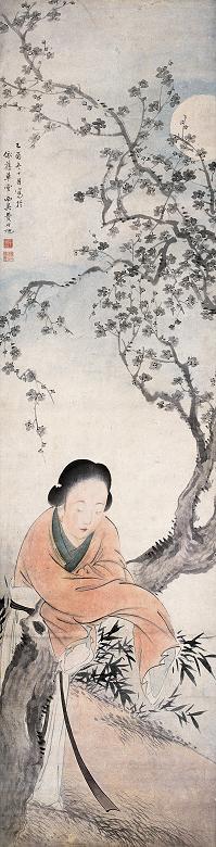 费丹旭 乙酉(1835年)作 梅花仕女 立轴 纸本