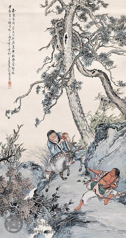 王云轩 丙寅(1926年)作 受天百禄 中堂 设色纸本