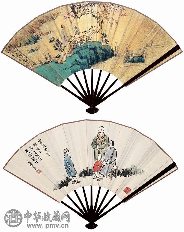 张大千 丰子恺 人物 成扇 设色金笺