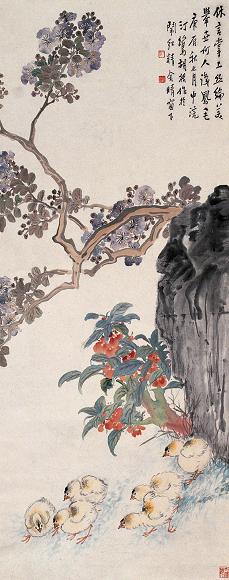 胡汀鹭 庚辰(1940年)作 花卉 小鸡 立轴 设色纸本