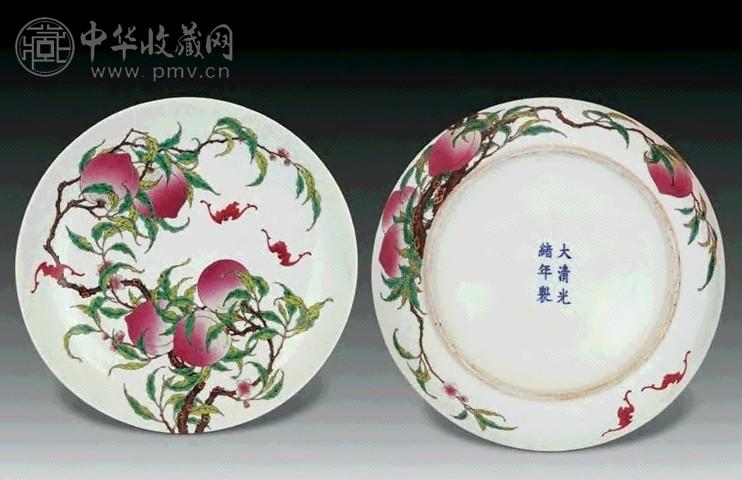 清光绪 粉彩过墙枝九桃五蝠纹盘(1对)
