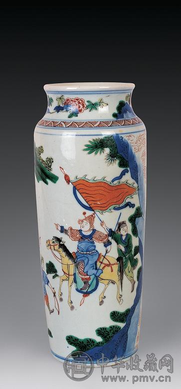 清代 康熙年製 陶磁器 五彩刀馬人物戦將図棒槌瓶 染