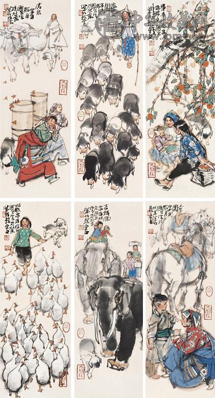 史国良 甲申(2004年)作 六顺图(6幅) 镜心 设色纸本