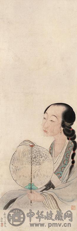 顾洛 乙丑(1805年)作 持扇图 立轴 纸本
