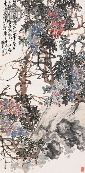 赵云壑 甲戌(1934年)作 老藤花香到酒船 立轴 设色纸本