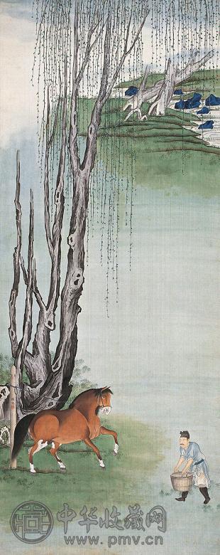 冯淳 饲马图 立轴 绢本
