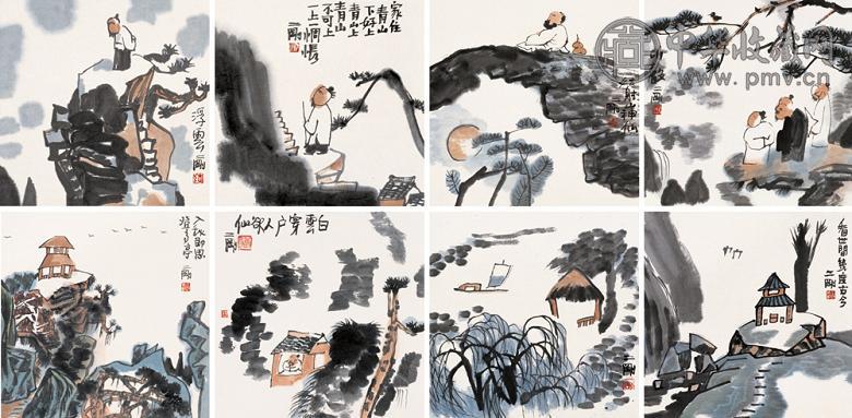 刘二刚 山水人物册 册页(8开) 设色纸本