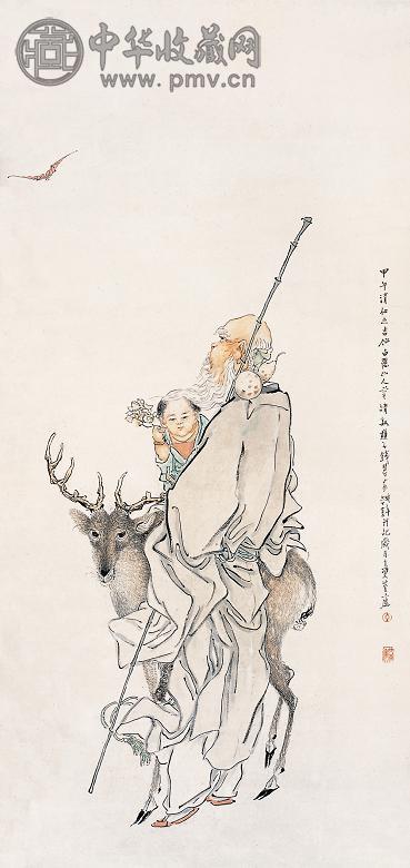 钱慧安 1894年作 福禄寿 立轴 设色纸本
