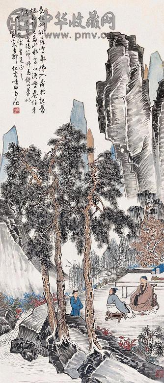 秦古柳 长松鸣泉 立轴 设色纸本