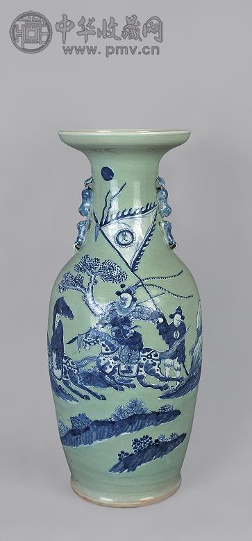 清嘉庆豆青加白青花刀马人物纹双狮耳瓶收藏资讯|艺术家|书画家|书画