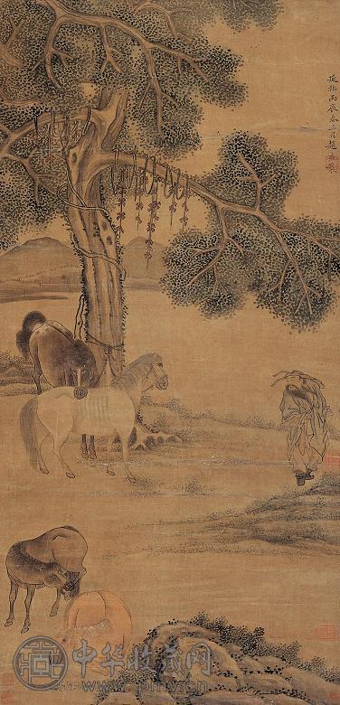 赵仲穆(款) 牧马图 立轴 设色绢本