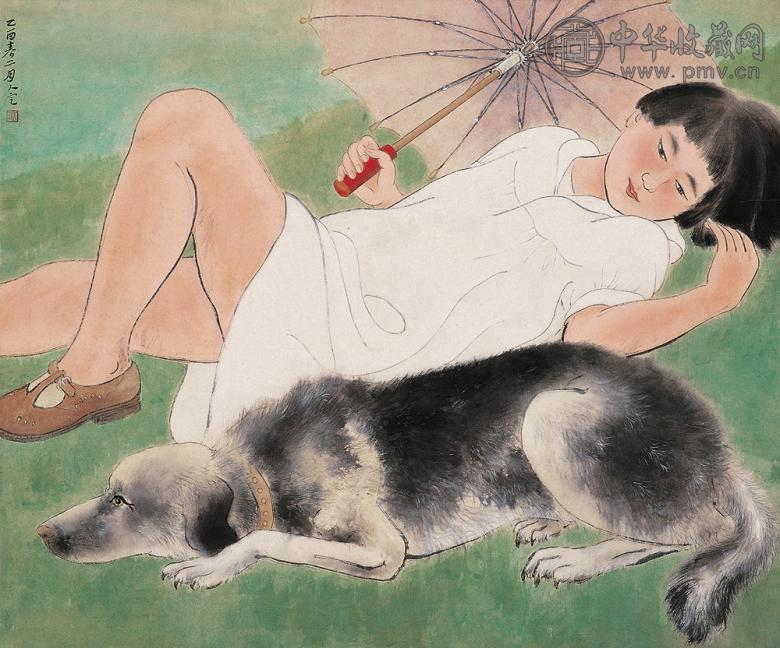 方人定 乙酉(1945年)作 绿野小憩 立轴 设色纸本