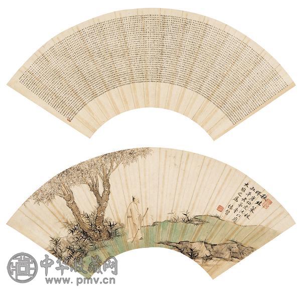 陈缘督 邱景如 书画双挖 扇面 设色纸本