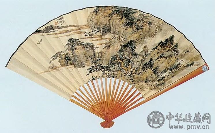 萧愻 桐江晓渡、书法 成扇