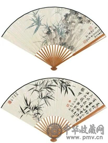 吴湖帆 己丑(1949年)作 竹石图 成扇 设色纸本