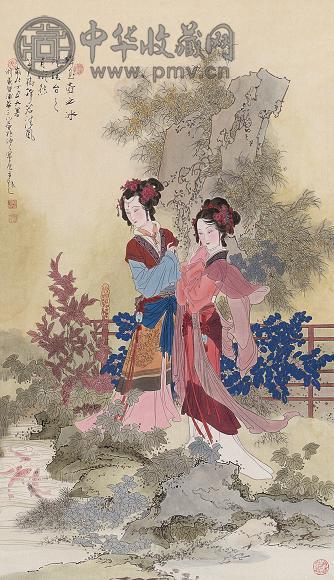 华三川 1997年作 双美图 立轴 设色绢本