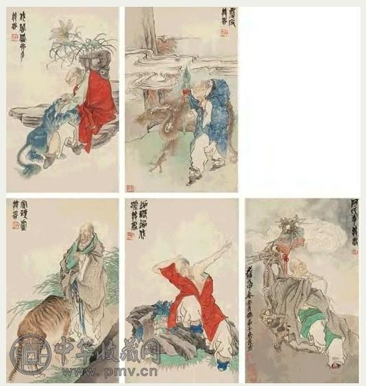 吴昌硕 1908年作 五尊者像(5幅) 镜心 设色纸本