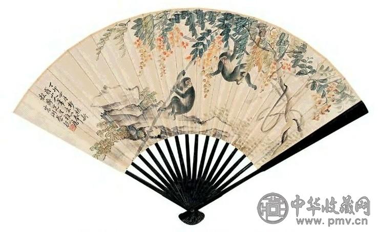 蔡铣 丁卯(1927) 猿戏图 扇面 设色纸本