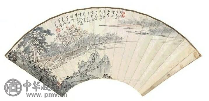溥儒 水村图、金文 扇片 设色纸本