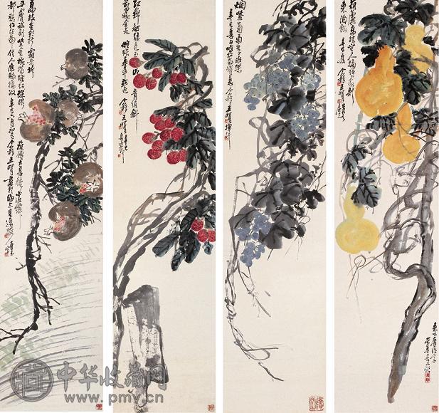 王个簃 1941年作 花果 四屏 设色纸本