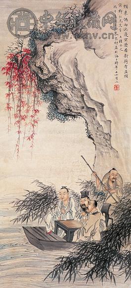 朱良材 船上箫声 立轴 设色纸本