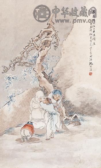 沈心海 1897年作 童子雪嬉图 立轴 设色纸本