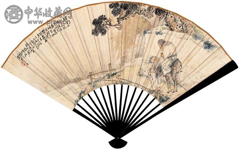 钱慧安 方孝杰 1892年作 驴背晚归 行书 成扇 设色纸本