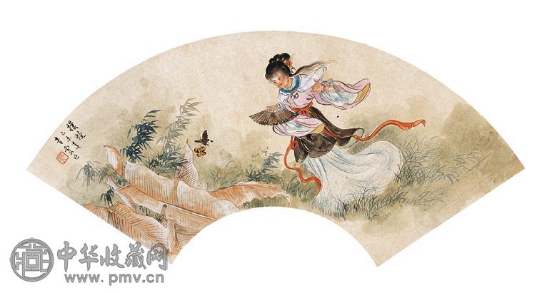 吴青霞 1979年作 扑蝶图 扇面 设色纸本