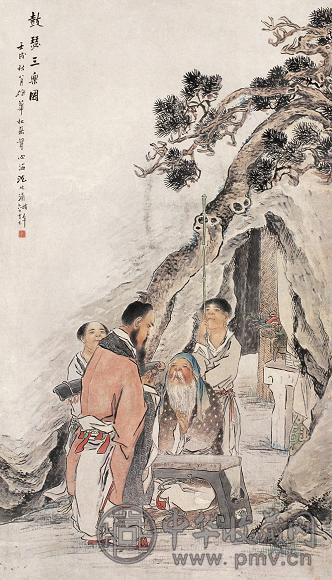 沈心海 1922年作 鼓瑟三乐图 立轴 设色纸本