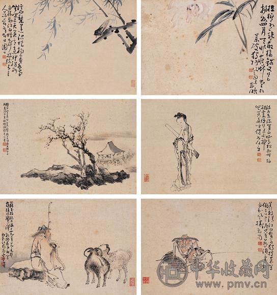 黄慎 庚午(1750年)作 诗画合璧(6件) 镜心 水墨/设色纸本