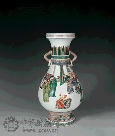 清光绪 五彩描金高官纹双耳瓶