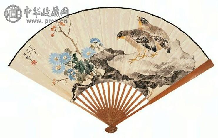 邵靓云 丁亥(1947)年作 富贵平安 扇面 设色笺本