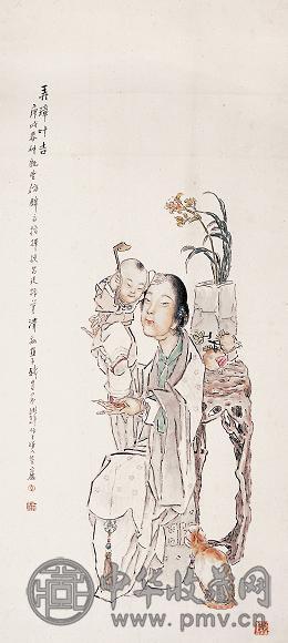 钱慧安 弄璋叶吉图 立轴 设色纸本