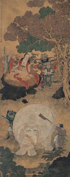 丁云鹏(款) 洗象图 立轴 绢本
