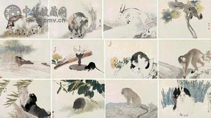 任伯年 1881年作 走兽生肖册册页十二开 设色纸本