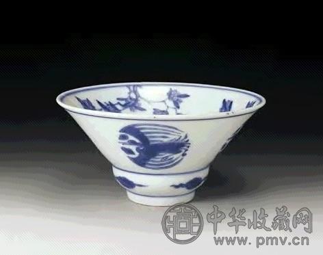 清雍正 青花团鹤斗笠碗