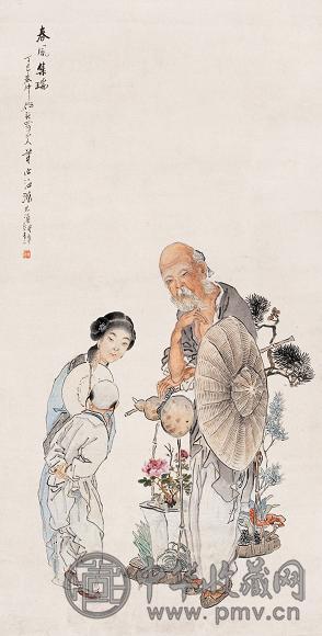 沈心海 1917年作 春风集瑞 立轴 设色纸本