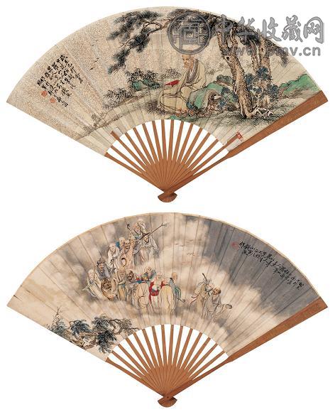 钱熊 无量寿佛图并罗汉图 成扇 设色纸本
