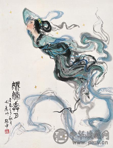 伍启中 辛酉(1981年)作 娥嫦奔月 镜心 设色纸本